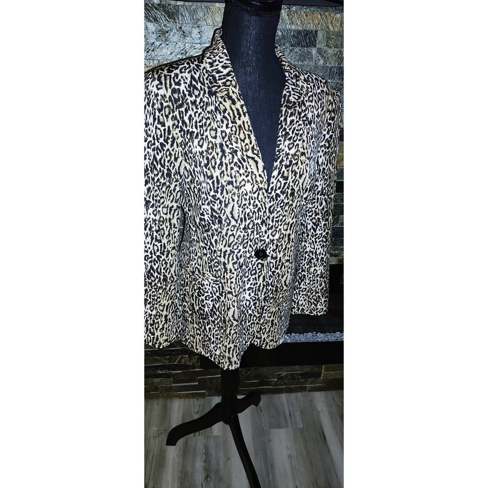 Boston Proper Brown Leopard Cheetah Print Blazer Black Button Size 8